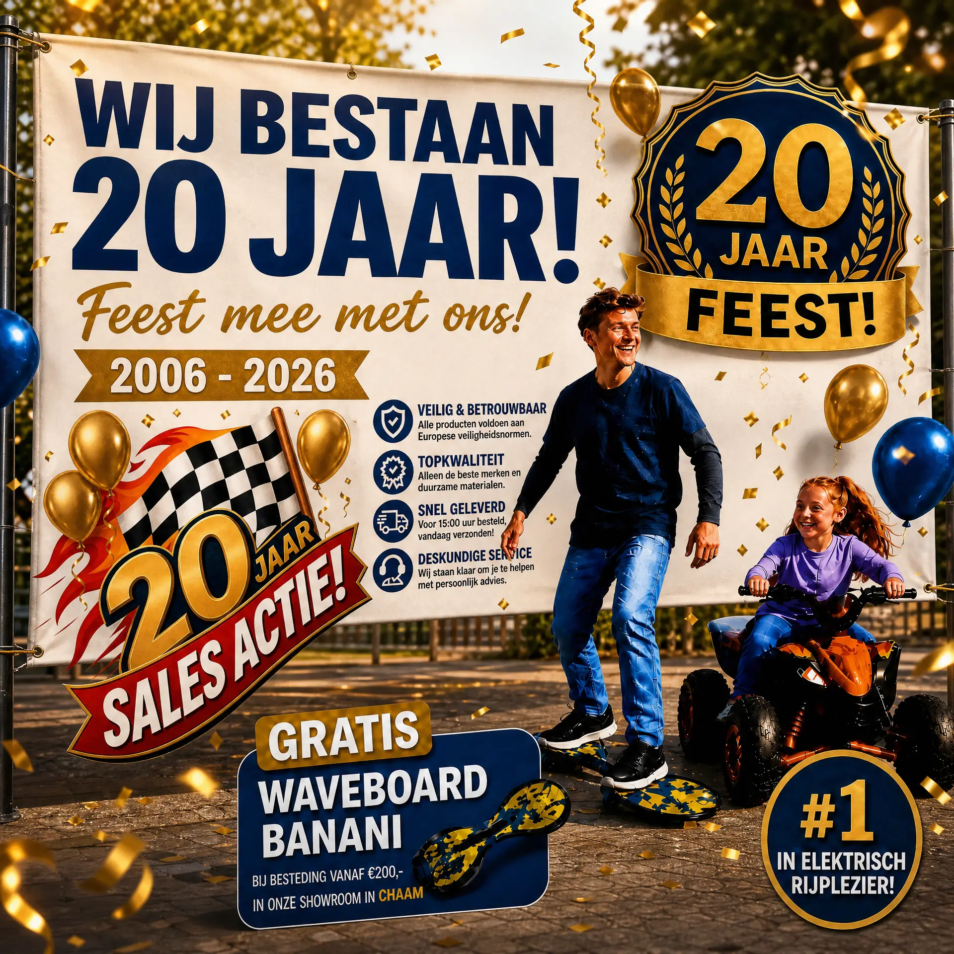 Jubileumactie: 20 jaar feest. Gratis waveboard Banani bij besteding vanaf €200,- in onze showroom in Chaam. Wij bestaan 20 jaar, 2006–2026.